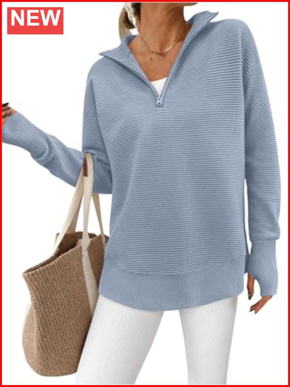 Long Sleeve Quarter Zip Ribbed Knit Pullover Sweater Loose Fit V-Neck